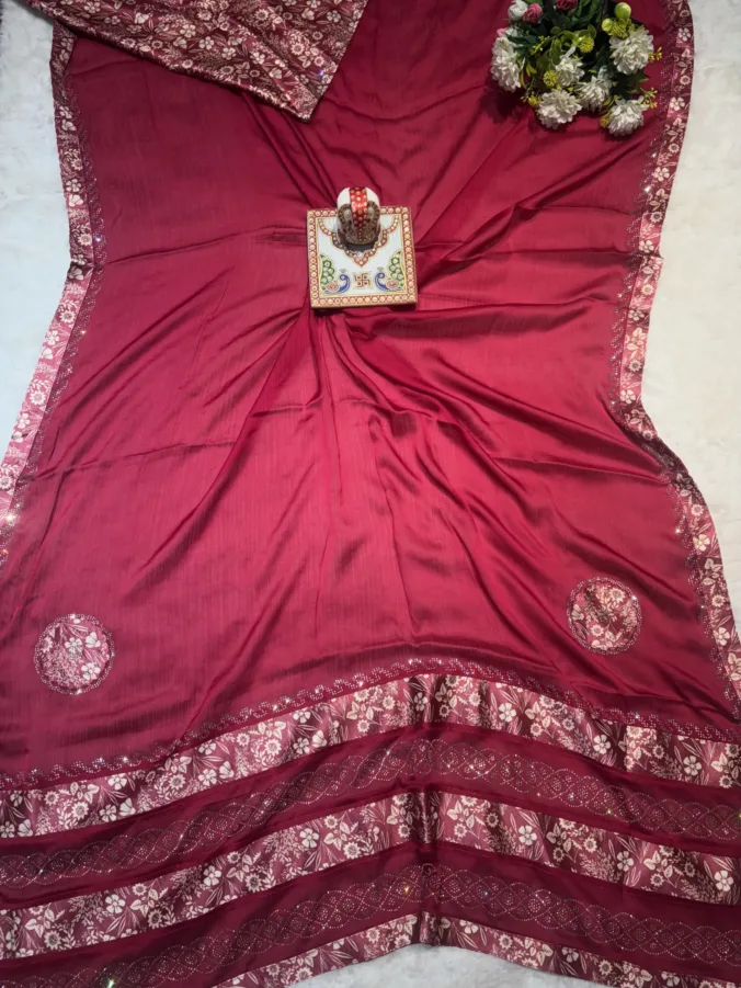 NEELAM TRADERS NEW LAUNCH SATIN SILK SAREE WITH DIAMOND WORK ALL OVER CHERRY