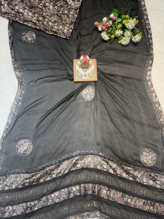 NEELAM TRADERS NEW LAUNCH SATIN SILK SAREE WITH DIAMOND WORK ALL OVER BLACK