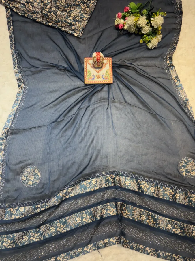 NEELAM TRADERS NEW LAUNCH SATIN SILK SAREE WITH DIAMOND WORK ALL OVER BLUE