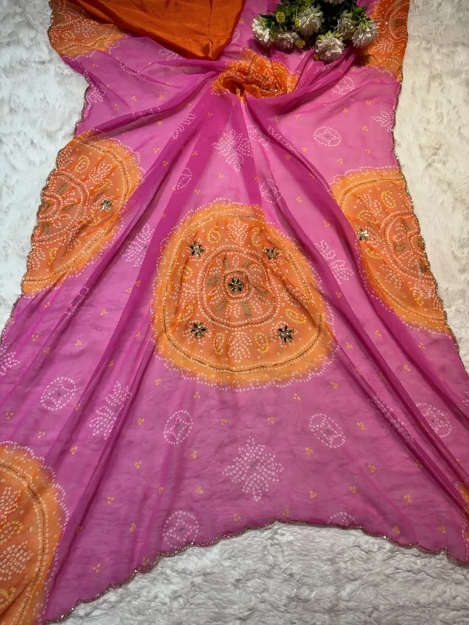 NEELAM TRADERS NEW LAUNCH TRENDING CHAKRA BANDHEJ SAREE WITH HANDCUT DANA BORDER WORK