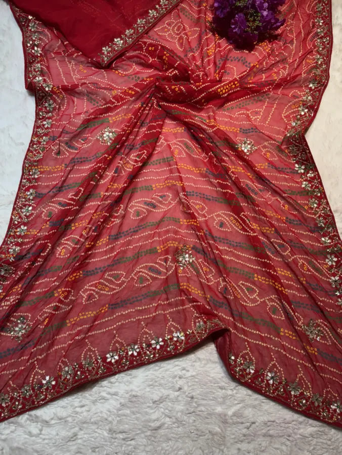 NEELAM TRADERS NEW LAUNCH TRADITIONAL BANDHEJ SAREE WITH KARADANA WORK ALL OVER