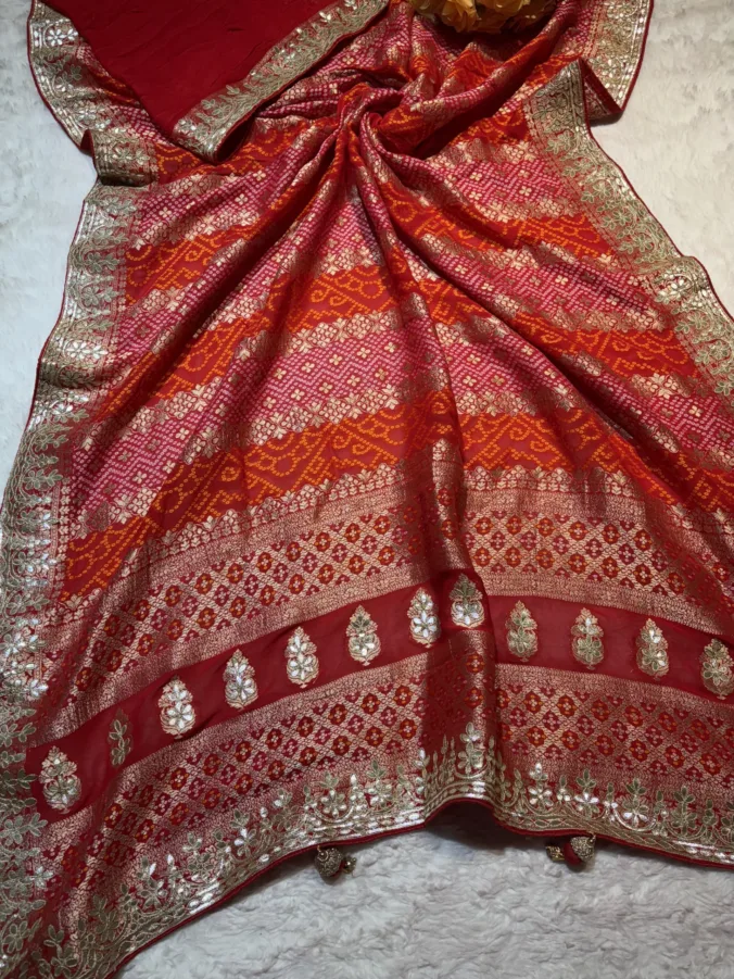 NEELAM TRADERS NEW LAUNCH BANDHEJ SAREE WITH HAND GOTTA PATTI