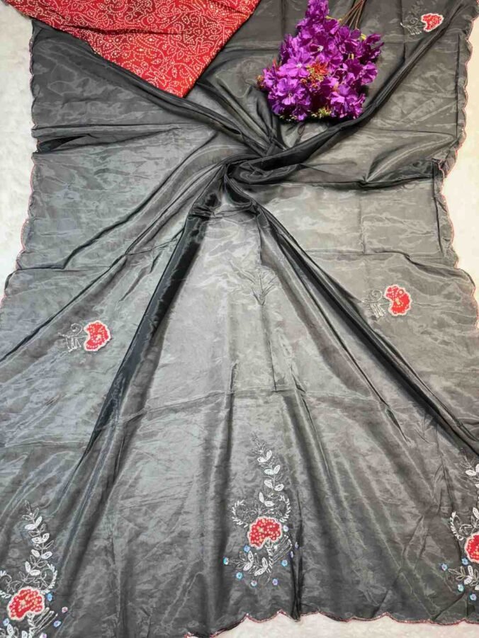 NEELAM TRADERS NEW LAUNCH HANDWORK BUTTA WITH BANDHEJ Patch IN H.O SILK FABRIC BLACK