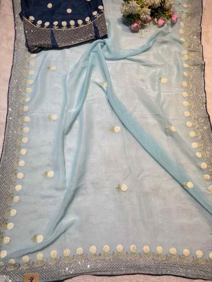 NEELAM TRADERS NEW LAUNCH THREAD WORK SAREE IN TISSUE FABRIC FIROZI