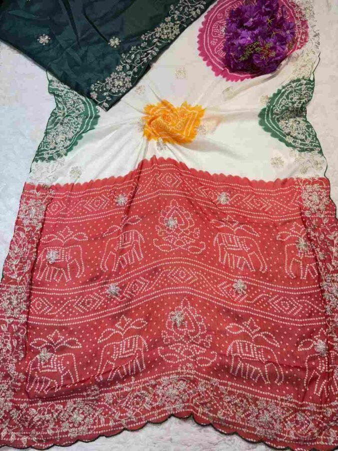 NEELAM TRADERS NEW LAUNCH CHAKRA BANDHEJ SAREE WITH PITHON WORK IN SOFT SILK FABRIC GREEN