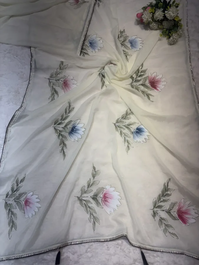 NEELAM TRADERS NEW LAUNCH TRENDING CREAM COLOUR SAREE WITH KACHA GOTTA WORK TULIP-STYLE BUD FLOWER