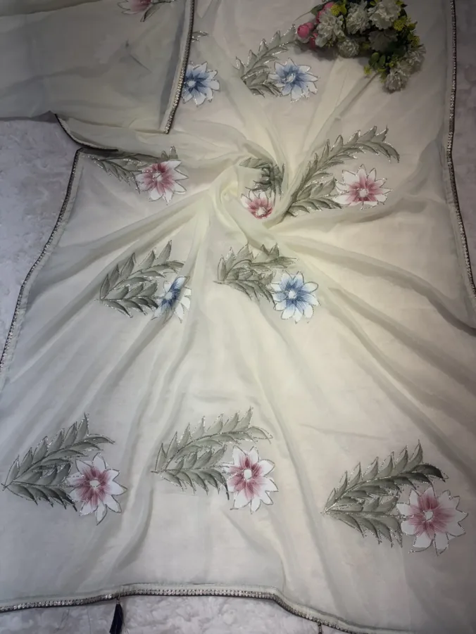 NEELAM TRADERS NEW LAUNCH TRENDING CREAM COLOUR SAREE WITH KACHA GOTTA WORK STAR-PETAL FLOWER