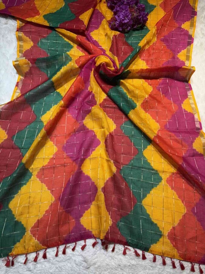 NEELAM TRADERS NEW LAUNCH BANDHEJ SAREE IN COTTON FABRIC WITH ZARI CHECK ALL OVER