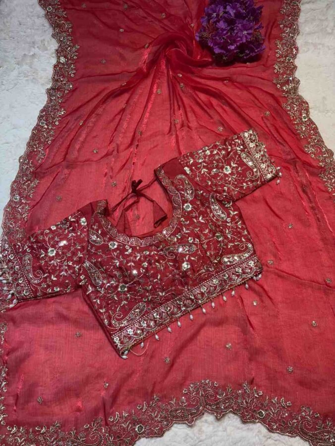 NEELAM TRADERS NEW LAUNCH DESIGNER STICHED BLOUSE SAREE RED