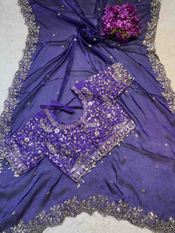 NEELAM TRADERS NEW LAUNCH DESIGNER STICHED BLOUSE SAREE PURPLE