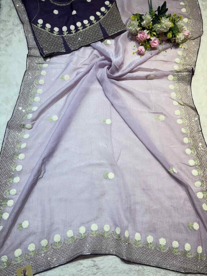 NEELAM TRADERS NEW LAUNCH THREAD WORK SAREE IN TISSUE FABRIC LAVENDER