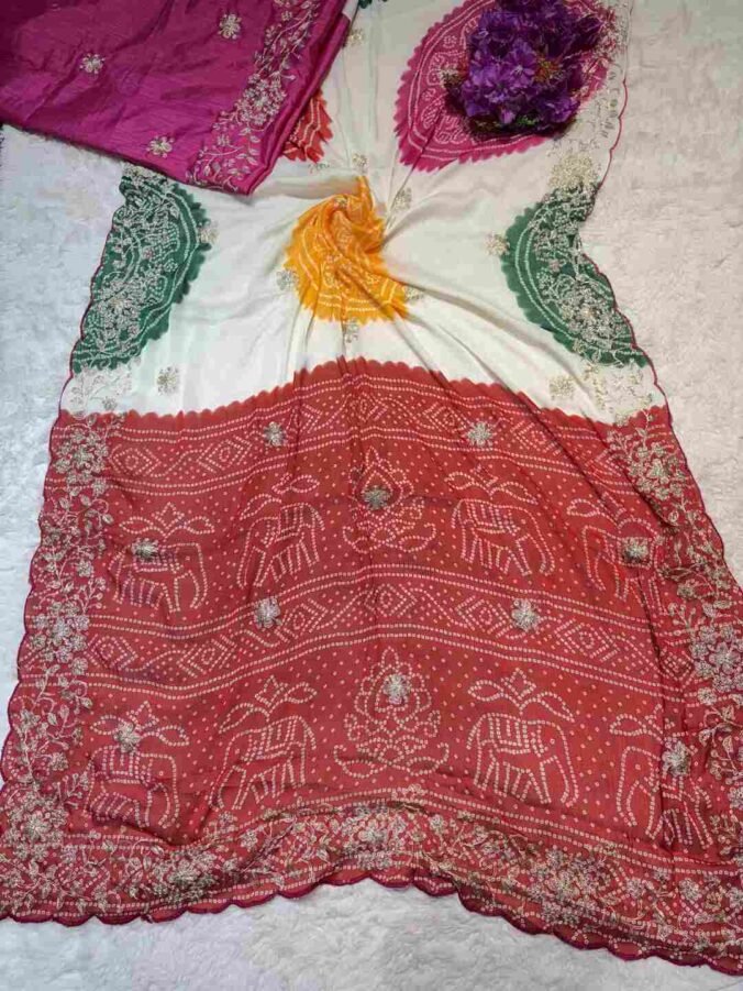 NEELAM TRADERS NEW LAUNCH CHAKRA BANDHEJ SAREE WITH PITHON WORK IN SOFT SILK FABRIC PINK