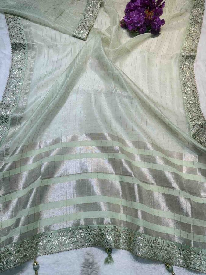 NEELAM TRADERS NEW LAUNCH GOTA PATTI SAREE IN SOFT LINEN FABRIC PISTA GREEN