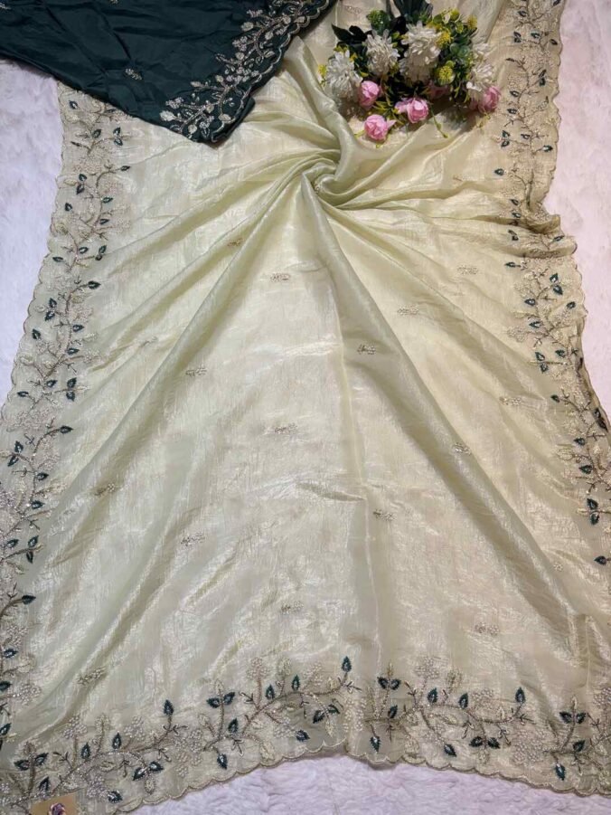 NEELAM TRADERS NEW LAUNCH ZARDOZI SAREE IN CRUST TISSUE FABRIC PISTA GREEN