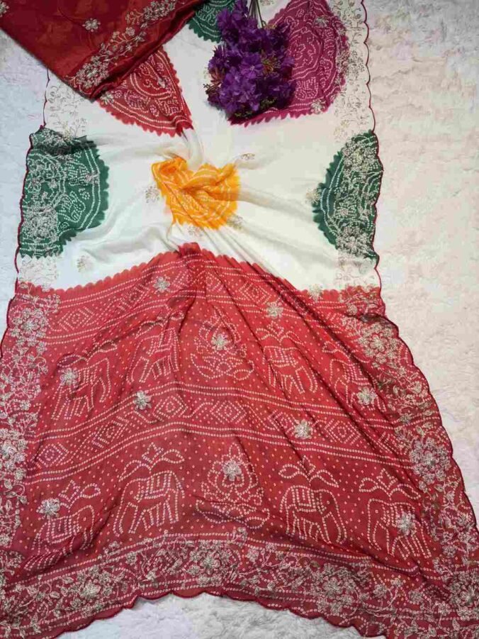 NEELAM TRADERS NEW LAUNCH CHAKRA BANDHEJ SAREE WITH PITHON WORK IN SOFT SILK FABRIC RED