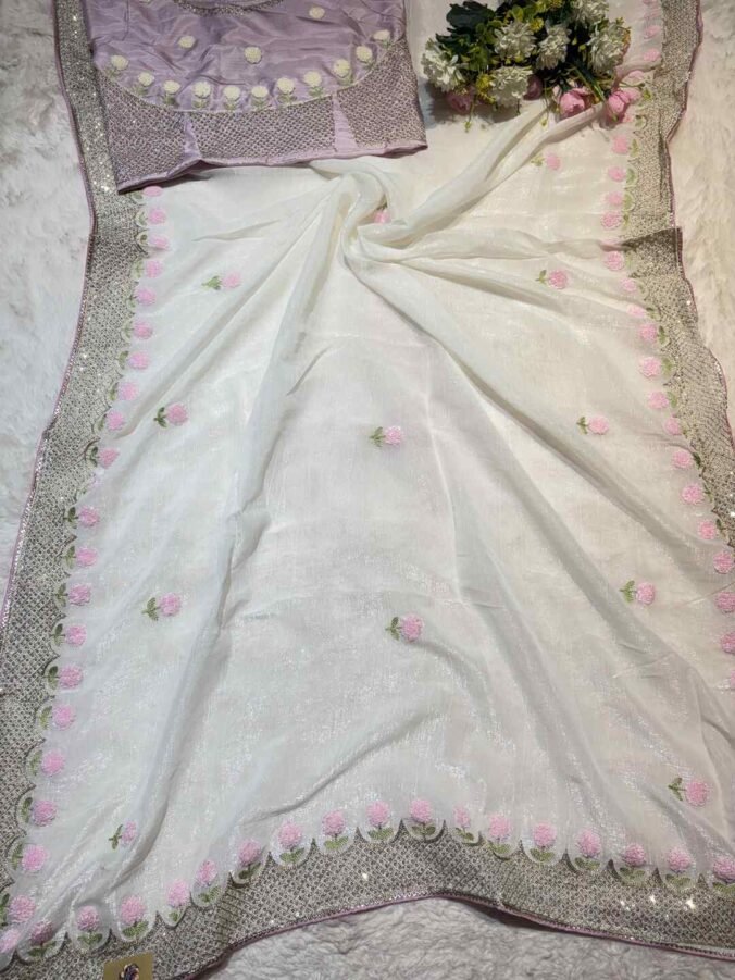 NEELAM TRADERS NEW LAUNCH THREAD WORK SAREE IN TISSUE FABRIC WHITE