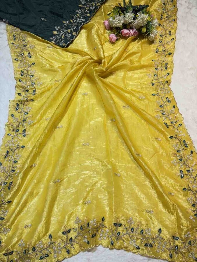 NEELAM TRADERS NEW LAUNCH ZARDOZI SAREE IN CRUST TISSUE FABRIC YELLOW