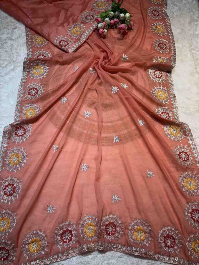 NEELAM TRADERS NEW LAUNCH KASIDA WORK SAREE WITH COLOUR THREAD WORK IN SOFT GEORGETTE FABRIC BRICK