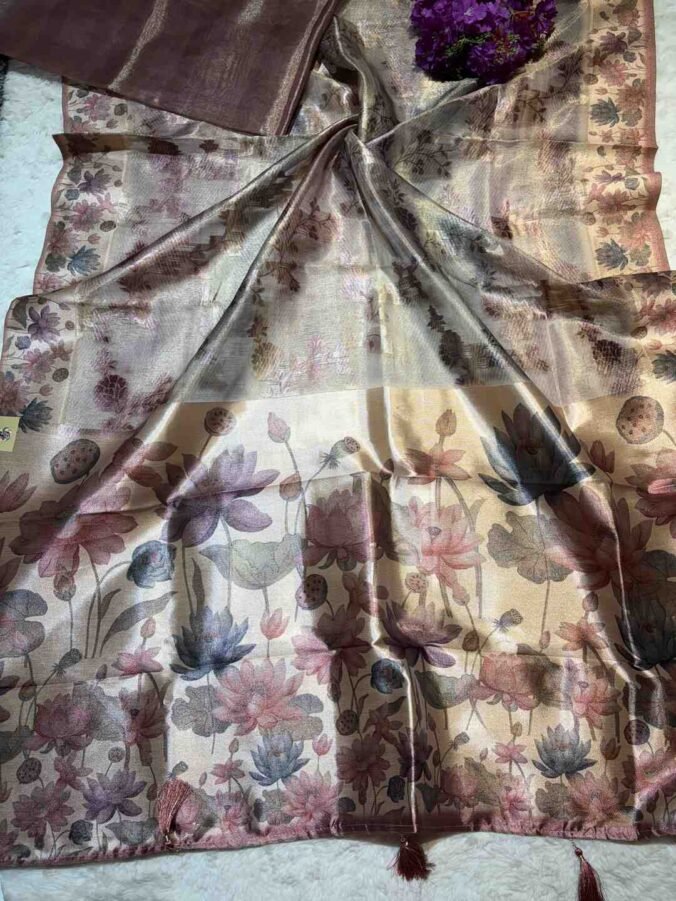 NEELAM TRADERS NEW LAUNCH TISSUE SAREE WITH DIGITAL PRINT ALL OVER DARK PEACH