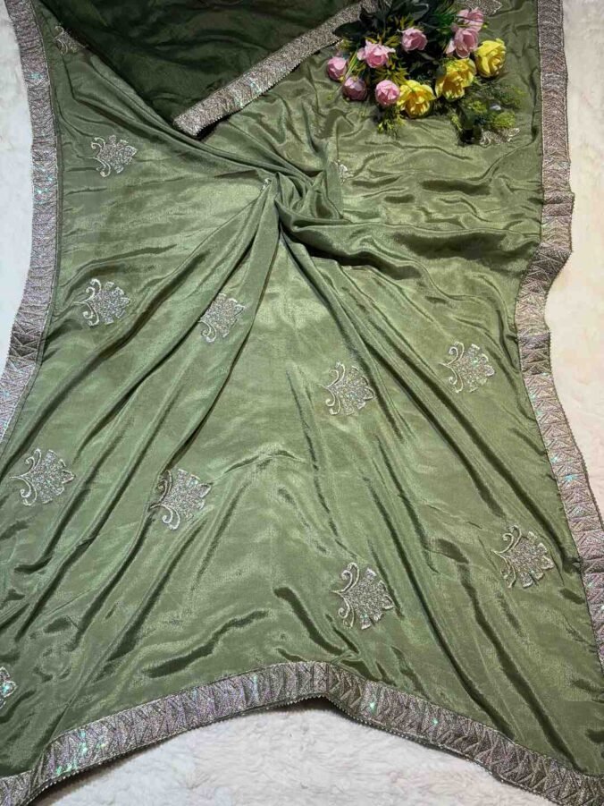 Neelam Traders New Launch New Border New Butta In Soft Chinon Fabric Mehndi