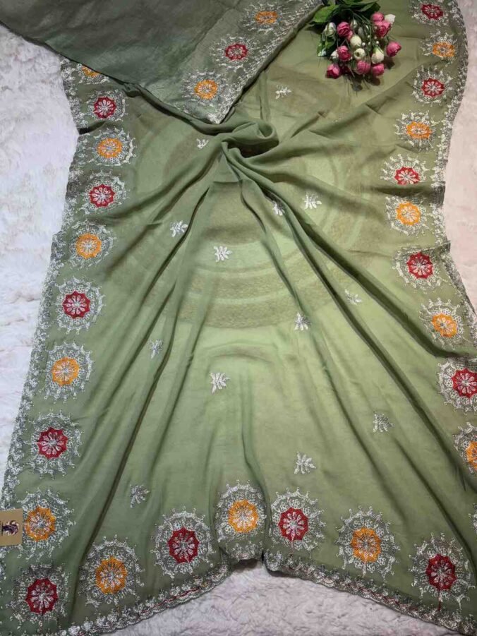 NEELAM TRADERS NEW LAUNCH KASIDA WORK SAREE WITH COLOUR THREAD WORK IN SOFT GEORGETTE FABRIC MEHNDI