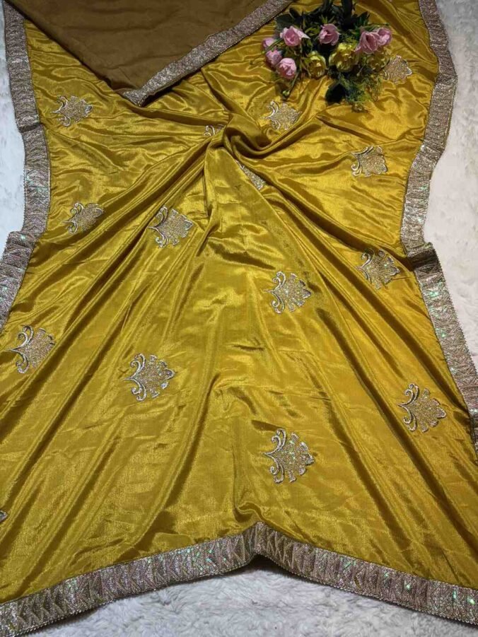 NEELAM TRADERS NEW LAUNCH NEW BORDER NEW BUTTA IN SOFT CHINON FABRIC MUSTARD