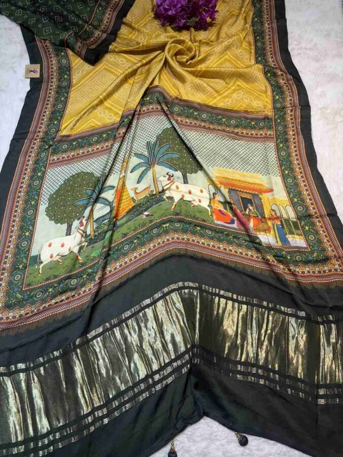 NEELAM TRADERS NEW LAUNCH MODAL SILK SAREE WITH KALAMKARI PRINT MUSTARD