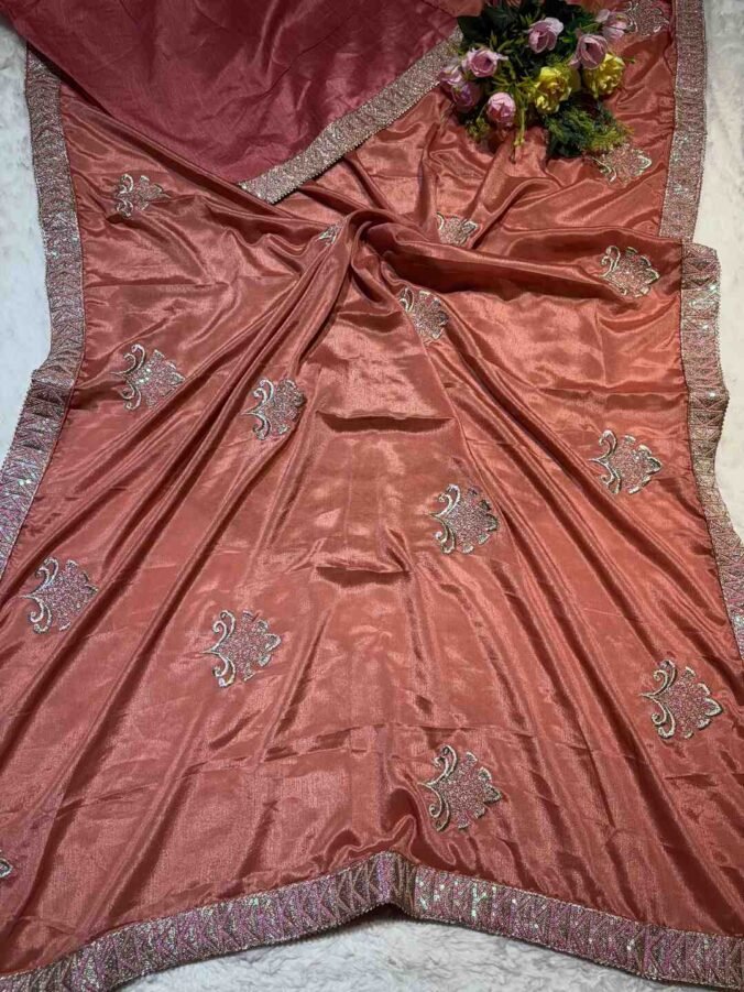 NEELAM TRADERS NEW LAUNCH NEW BORDER NEW BUTTA IN SOFT CHINON FABRIC PEACH