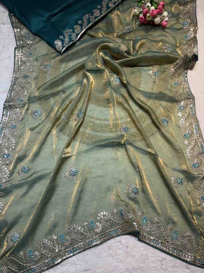 NEELAM TRADERS NEW LAUNCH GOTAPATTI SAREE IN FANDY SILK FABRIC PISTA GREEN