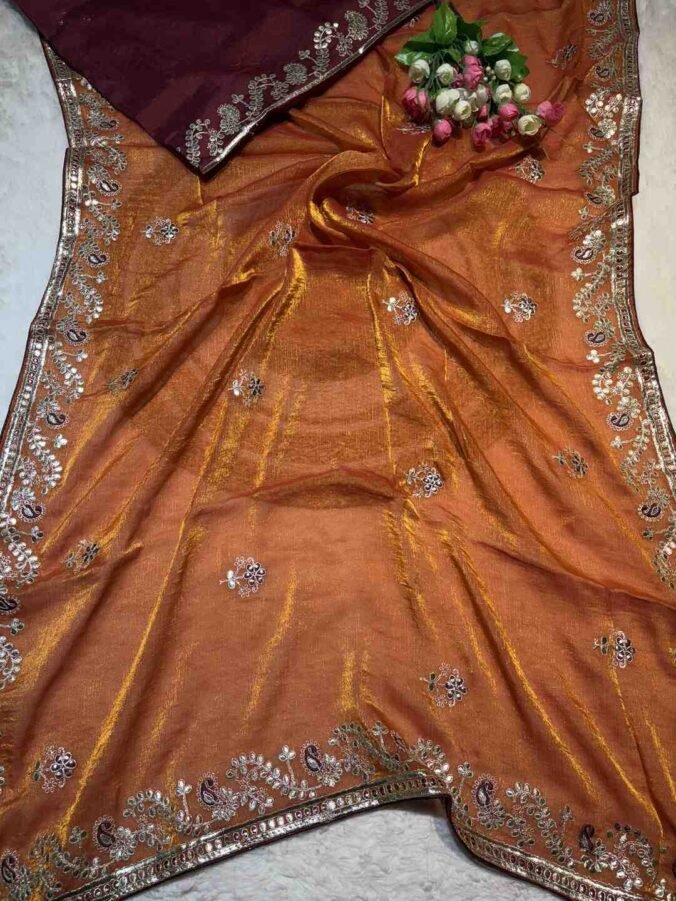 NEELAM TRADERS NEW LAUNCH GOTAPATTI SAREE IN FANDY SILK FABRIC RUST ORANGE