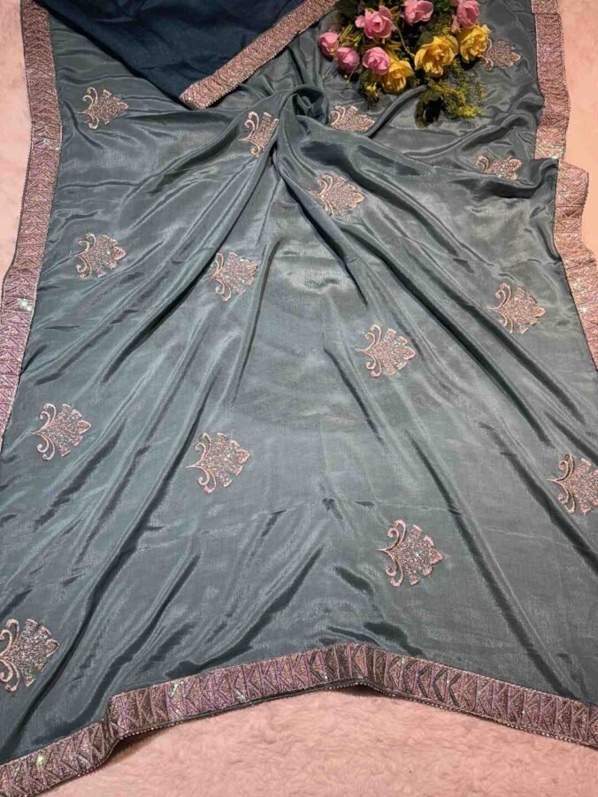 NEELAM TRADERS NEW LAUNCH NEW BORDER NEW BUTTA IN SOFT CHINON FABRIC SKY BLUE