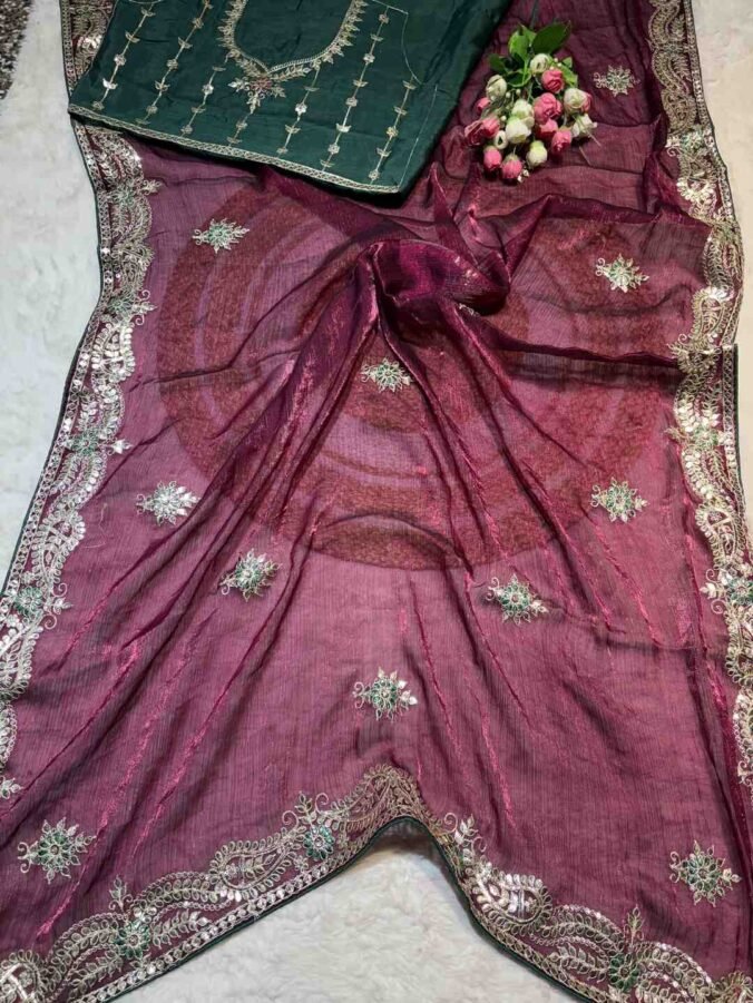 NEELAM TRADERS NEW LAUNCH GOTAPATTI WORK IN FANDY SILK FABRIC WINE