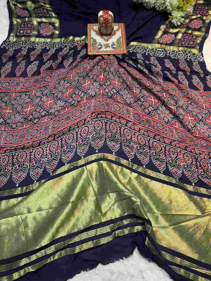 NEELAM TRADERS NEW LAUNCH GHATCHOLA SAREE WITH AJRAK PRINT BLUE