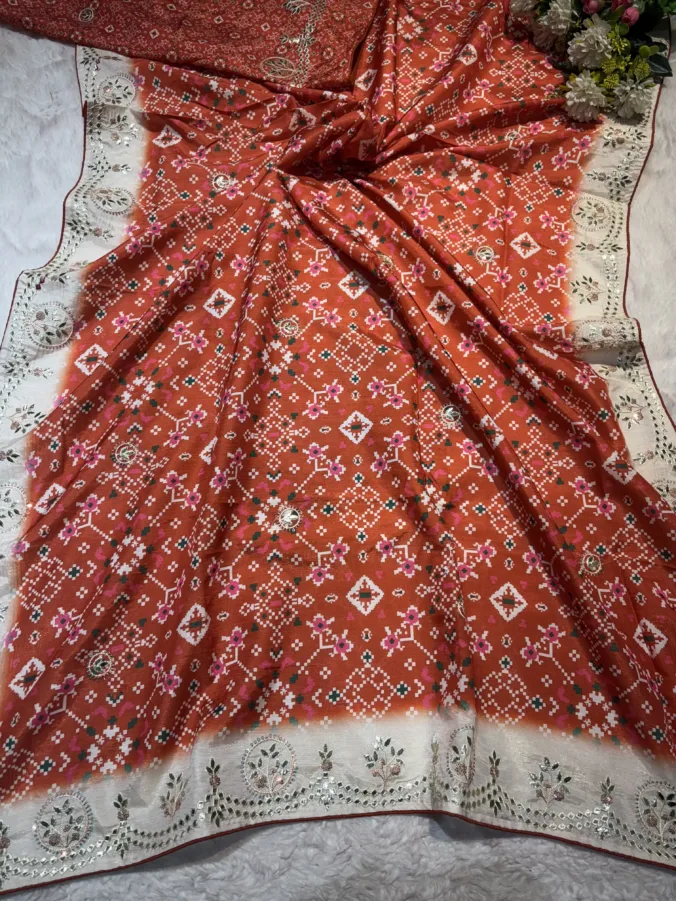 NEELAM TRADERS NEW LAUNCH Patola print saree with Kasida work all over BRICK