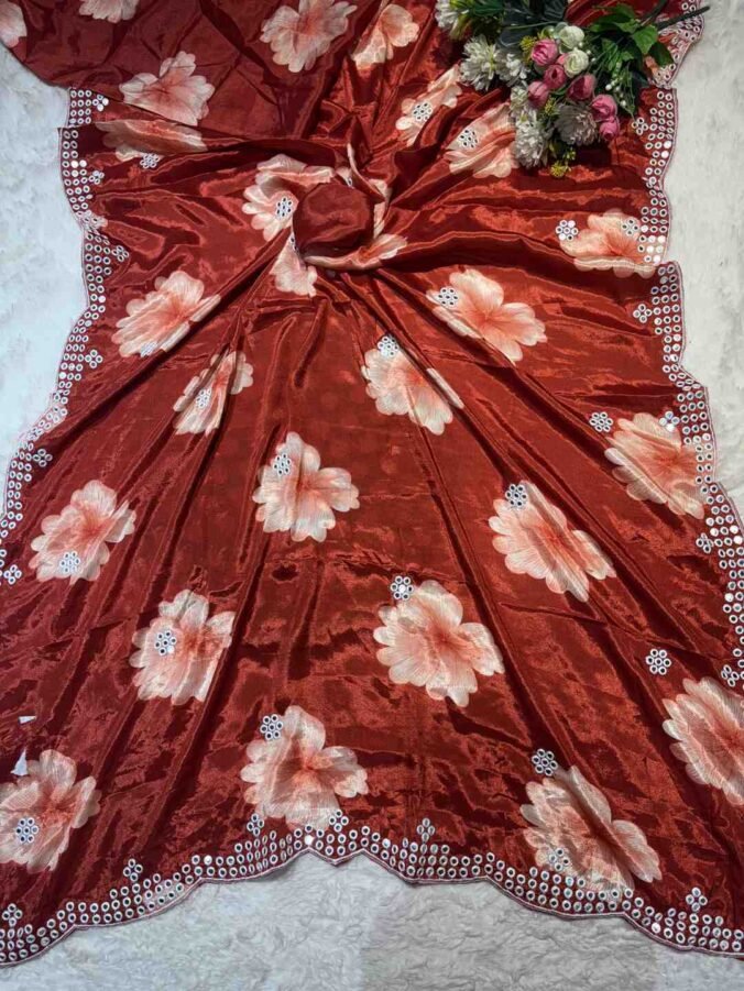 NEELAM TRADERS NEW LAUNCH KASIDA WORK SAREE IN SOFT CHINON SILK FABRIC CHERRY RED