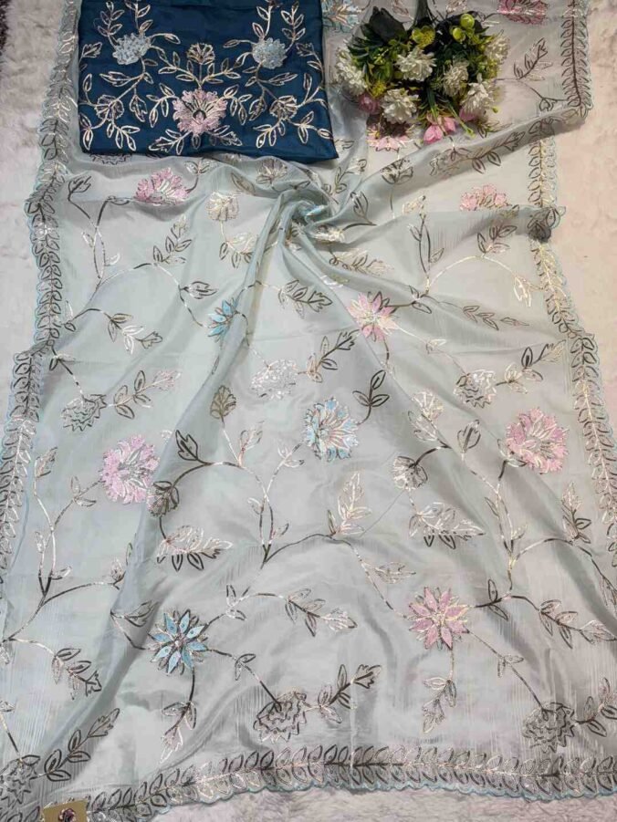 NEELAM TRADERS NEW LAUNCH TRENDING ZAAL WORK SAREE IN H.O SILK FABRIC DARK FIROZI