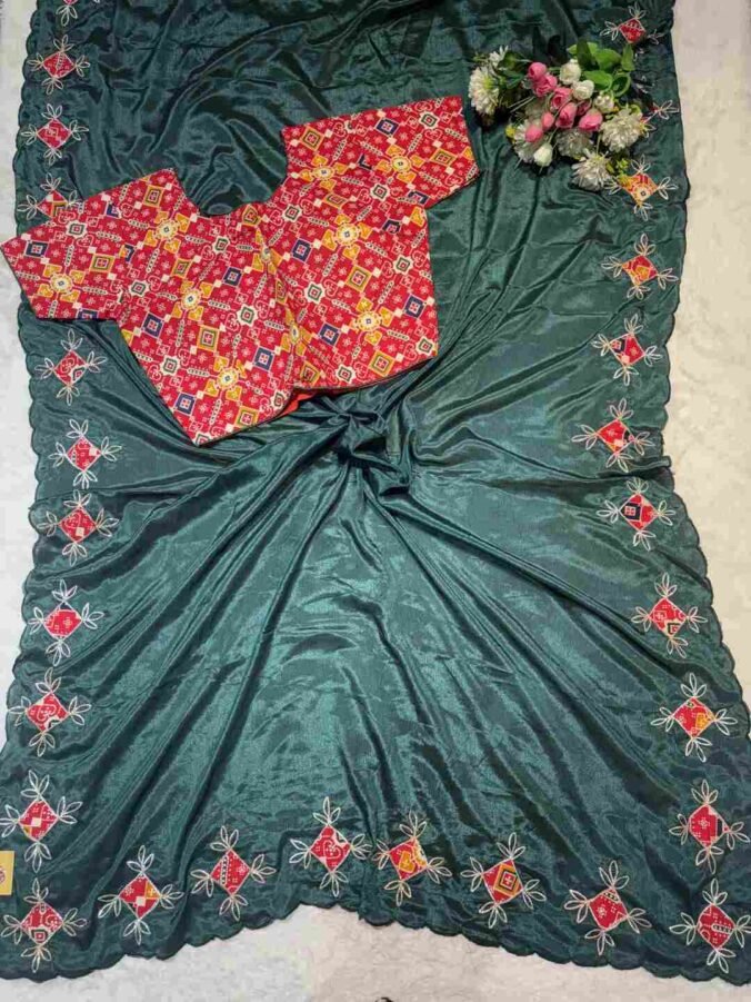 NEELAM TRADERS NEW LAUNCH PATOLA PRINT STITCHED BLOUSE SAREE IN SILK FABRIC GREEN