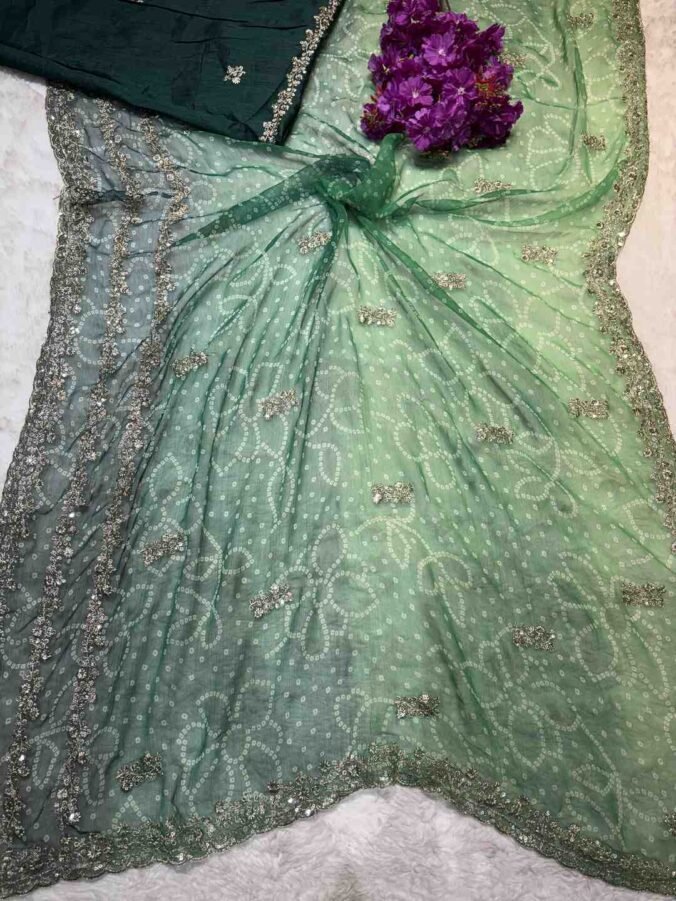NEELAM TRADERS NEW LAUNCH TRENDING BANDHEJ SAREE WITH THREE LINE WORK ALL OVER GREEN
