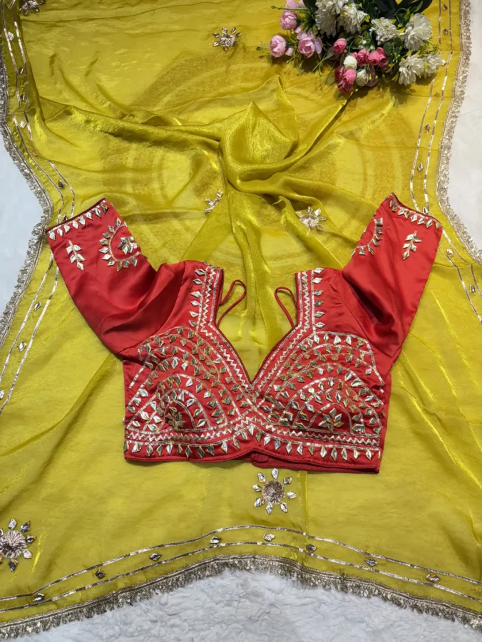 NEELAM TRADERS NEW LAUNCH Trending Stich aangi blouse saree with kacha gotta work