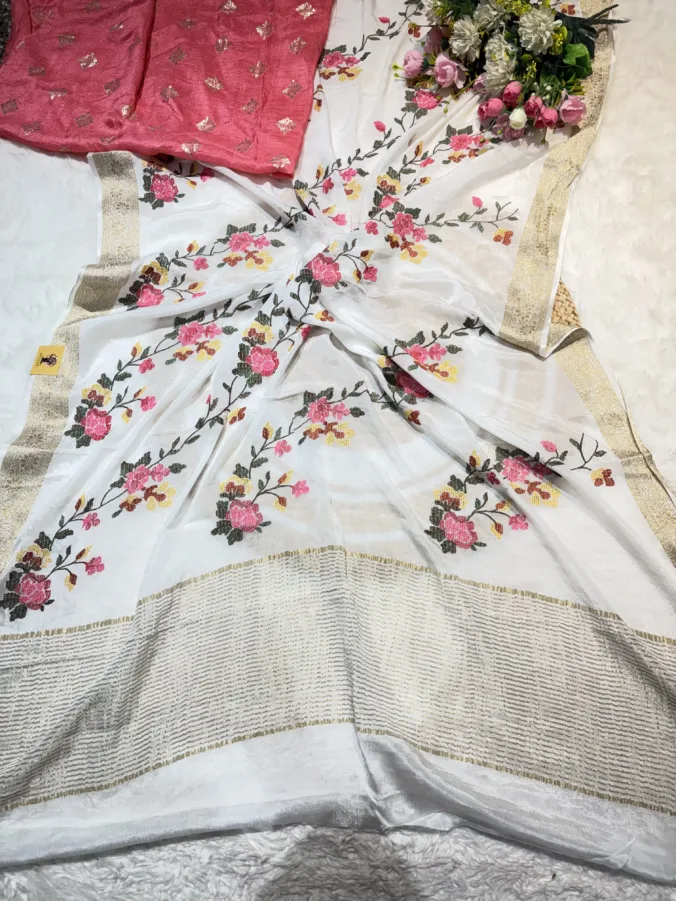 NEELAM TRADERS NEW LAUNCH TRENDING White colour Pure chinon silk saree with kasida work all over