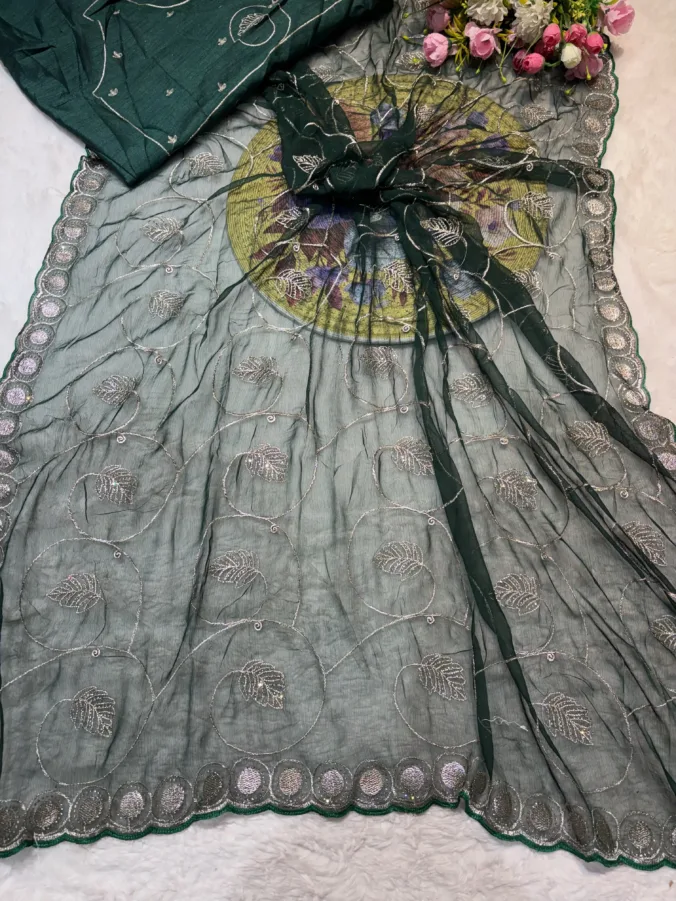 NEELAM TRADERS NEW LAUNCH TRENDING ZAAL WORK SAREE IN SOFT GEORGETTE  FABRIC WITH TRENDING CUTWORK BORDER GREEN