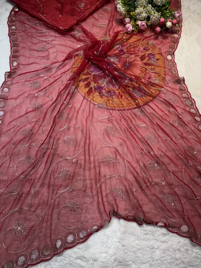 NEELAM TRADERS NEW LAUNCH TRENDING ZAAL WORK SAREE IN SOFT GEORGETTE  FABRIC WITH TRENDING CUTWORK BORDER RED