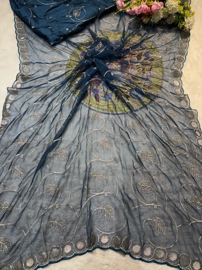 NEELAM TRADERS NEW LAUNCH TRENDING ZAAL WORK SAREE IN SOFT GEORGETTE  FABRIC WITH TRENDING CUTWORK BORDER BLUE