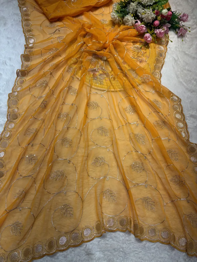 NEELAM TRADERS NEW LAUNCH TRENDING ZAAL WORK SAREE IN SOFT GEORGETTE  FABRIC WITH TRENDING CUTWORK BORDER YELLOW