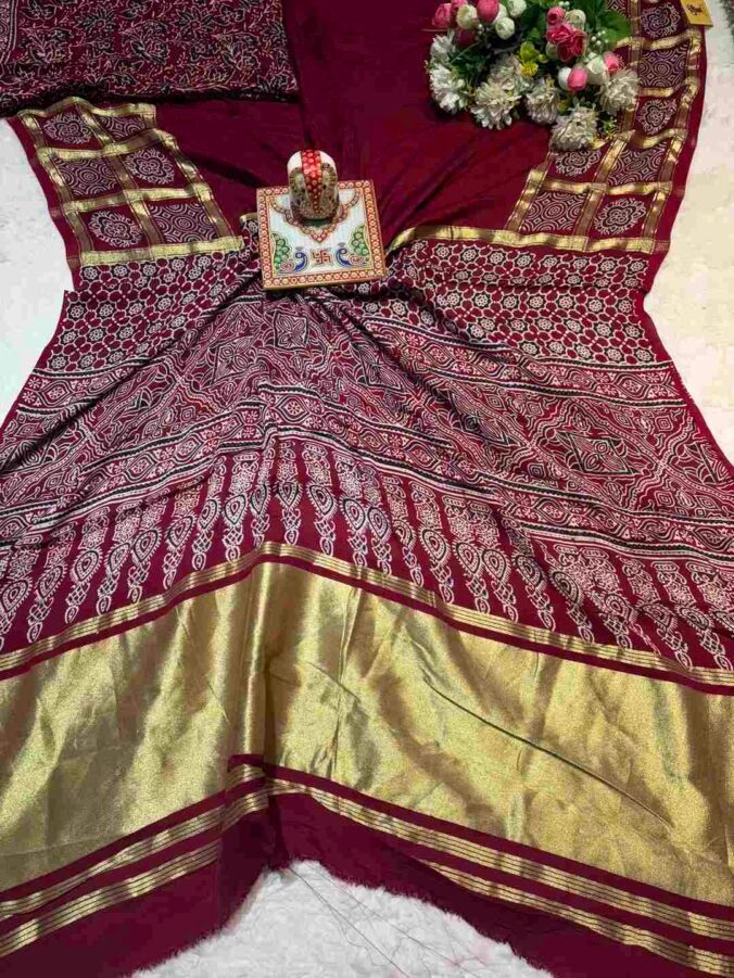 NEELAM TRADERS NEW LAUNCH GHATCHOLA SAREE WITH AJRAK PRINT MAHROON