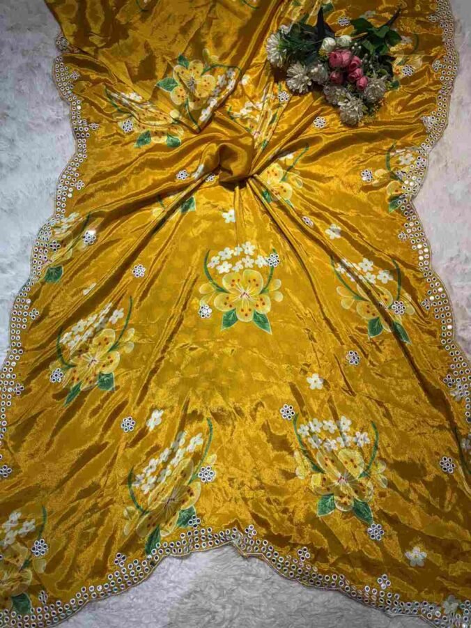 NEELAM TRADERS NEW LAUNCH KASIDA WORK SAREE IN SOFT CHINON SILK FABRIC MUSTARD YELLOW