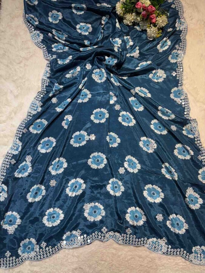 NEELAM TRADERS NEW LAUNCH KASIDA WORK SAREE IN SOFT CHINON SILK FABRIC PEACOCK BLUE