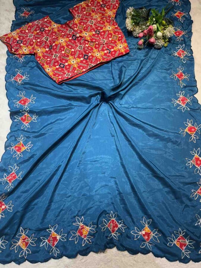 NEELAM TRADERS NEW LAUNCH PATOLA PRINT STITCHED BLOUSE SAREE IN SILK FABRIC PEACOCK BLUE