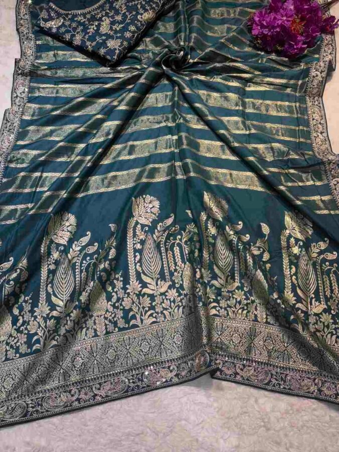 NEELAM TRADERS NEW LAUNCH Banarsi saree with new latest sequence border all over PEACOCK BLUE