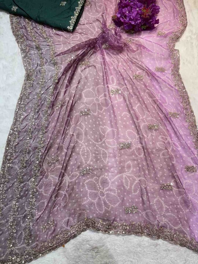 NEELAM TRADERS NEW LAUNCH TRENDING BANDHEJ SAREE WITH THREE LINE WORK ALL OVER PINK